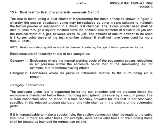 IEC 60529 13.4 Dust test for first characteristics numerals 5 and 6