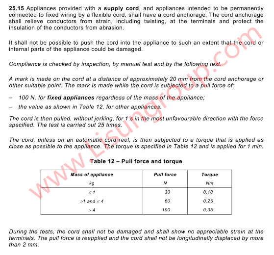 IEC 60335 1 2020 Clause 25.15 and Table 12