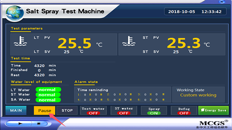 Salt spray chamber touchscreen
