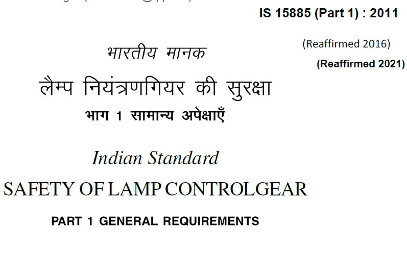 IS 15885 (Part 1): 2011 Safety Of Lamp Controlgear Part 1 General Requirements
