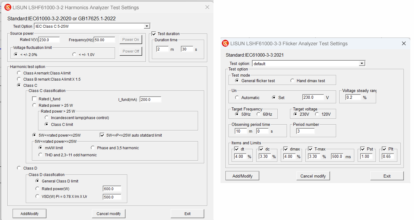 Harmonic Test Settings According to IEC 61000-3-2 and Flicker Test Settings According to IEC 61000-3-3